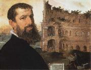 Maerten van heemskerck, Self-Portrait of the Painter with the Colosseum in the Background